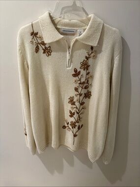 Alfred Dunner Cream Collared Zip-Neck Sweater with Brown Floral Embroidery